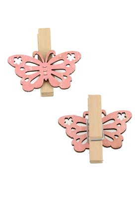 Houten Deco Knijper Vlinder Roze 4x2.2cm 36stuks