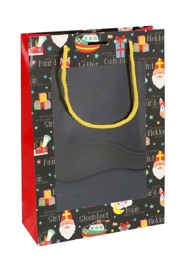 Sinttasjes Sint Rijmpjes Zwart Met Venster & Lintgleuf 20x8x29cm 10st