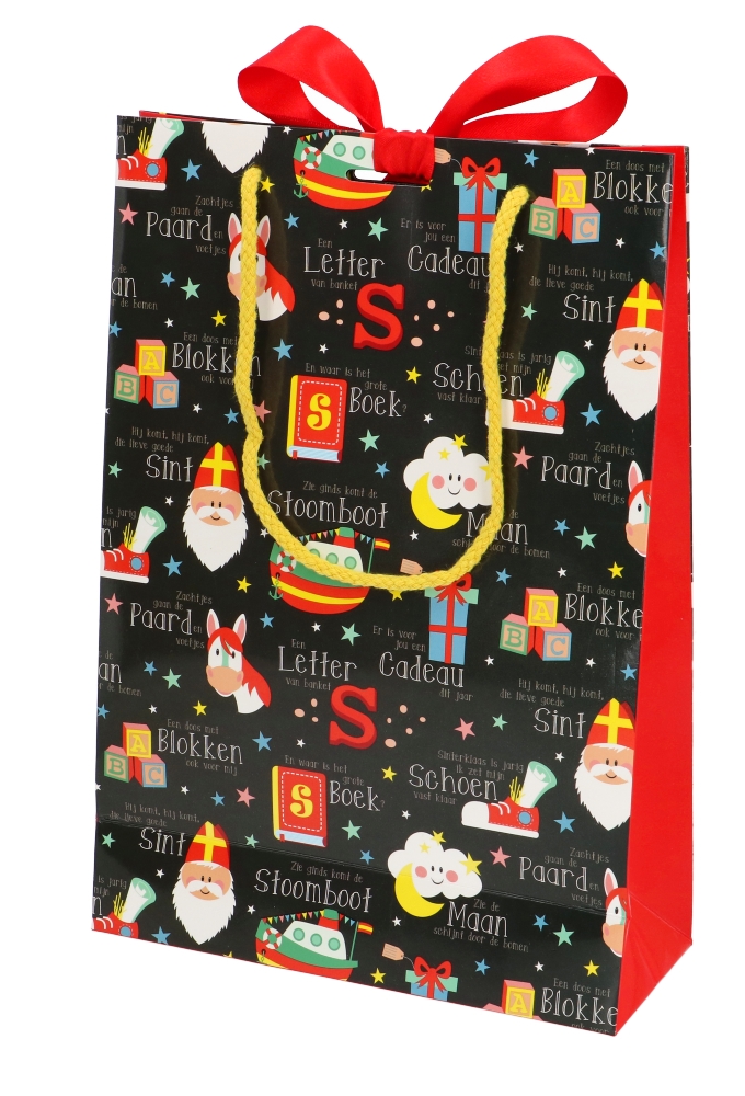 Sinttasjes Sint Rijmpjes Zwart Met Venster & Lintgleuf 20x8x29cm 10st