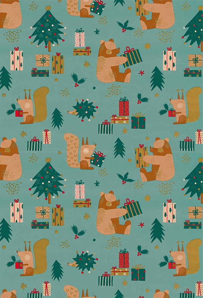 Kerstpapier Bears & Squirrel 50cm x 200meter