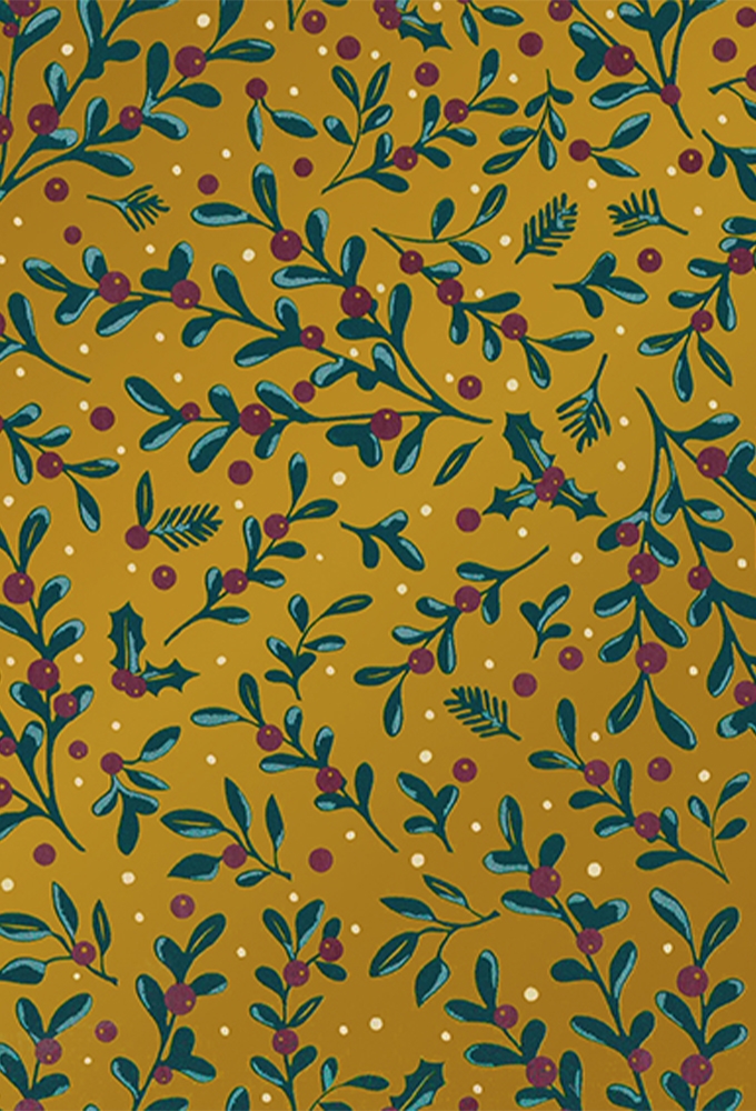 Kerstpapier Under The Mistletoe Gold & Green 50cm x 200meter