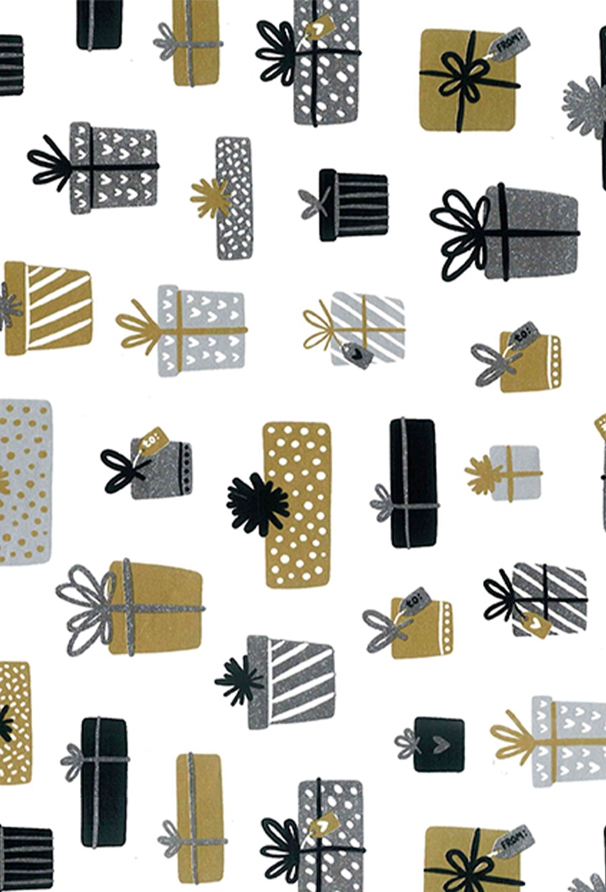 Kerstpapier Litlle Presents Black & Gold & Silver 50cm x 200meter