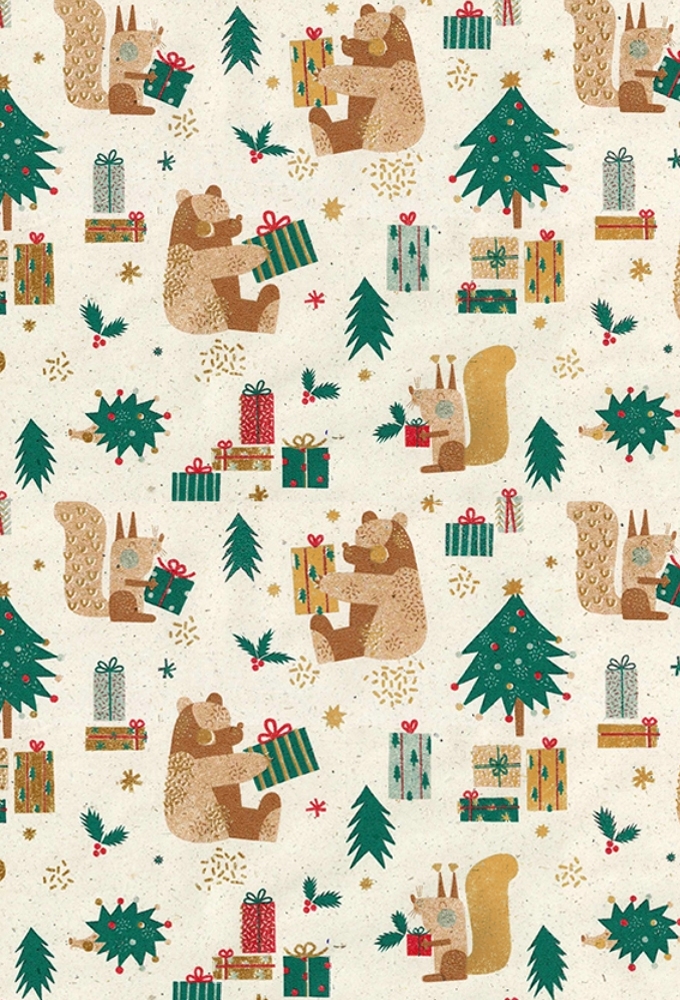Kerstpapier Gras Bears & Squirrelgrass 70cm x 200meter