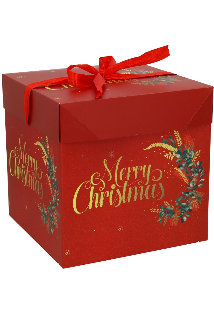 Kerstgeschenkdoos Merry Christmas Krans Lint Red 21.5x21.5x21.5cm 12st