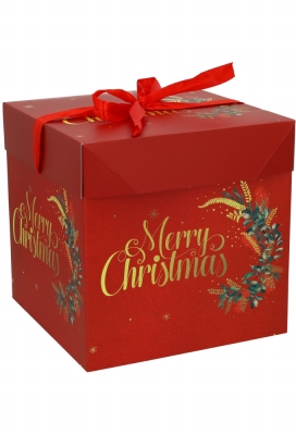 Kerstgeschenkdoos Merry Christmas Krans Lint Red 21.5x21.5x21.5cm 12st