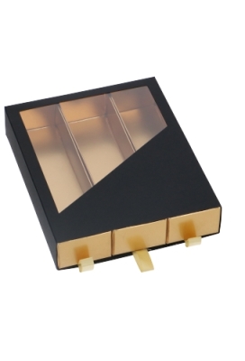 Bonbondoosjes 3 Ladeboxje Zwart Mat & Goud Mat Laag 16x12.9x2.8cm 8st