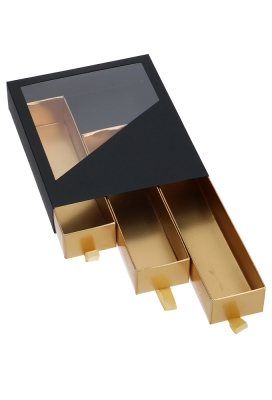 Bonbondoosjes 3 Ladeboxje Zwart Mat & Goud Mat Laag 16x12.9x2.8cm 8st