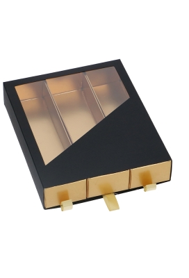 Bonbondoosjes 3 Ladeboxje Zwart Mat & Goud Mat Laag 16x12.9x2.8cm 8st