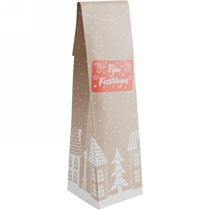 Wijnzak 1-Fles Huisje Fijne Feestdagen 9.5x9.5x41cm 25stuks