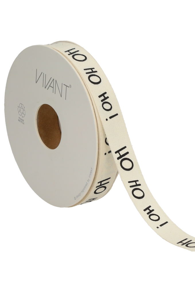 Kerstlint Katoen Ho Ho Ho Creme 15mm x 20meter