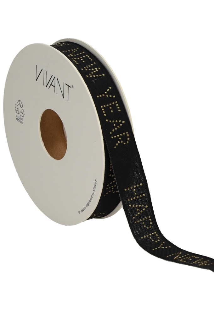 Kerstlint Happy New Year Black & Glitter Goud 15mm x 15meter