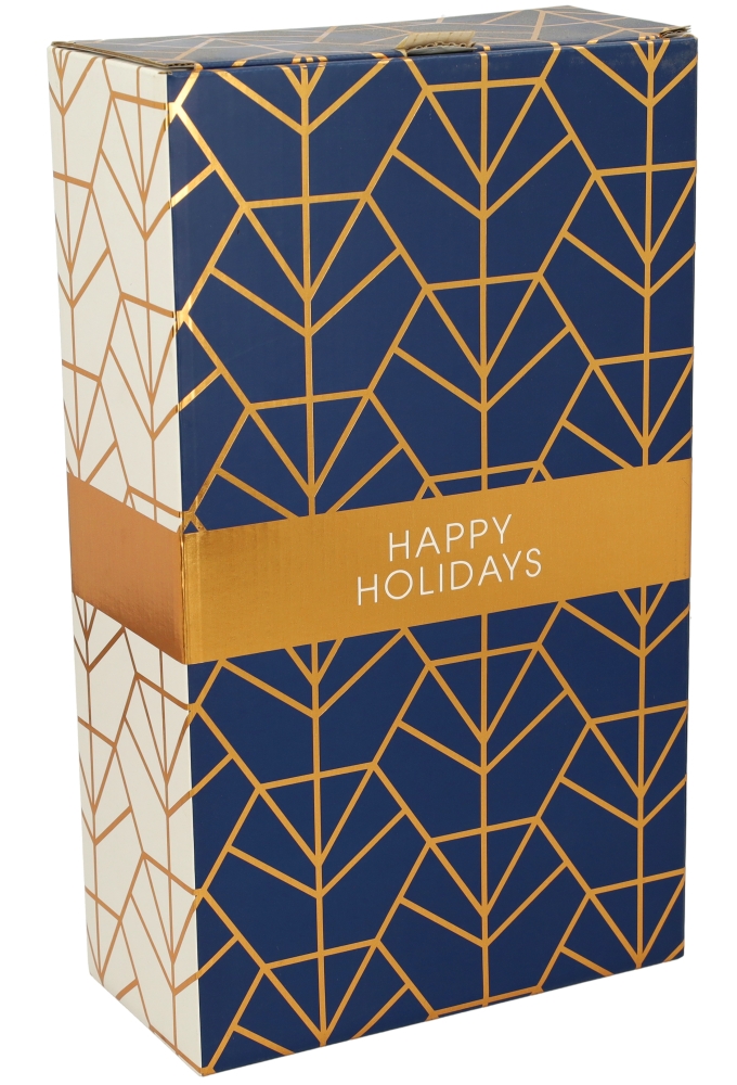 Wijndozen Happy Holidays Blauw Koper voor 2 fles 19x9.5x33cm 10stuks
