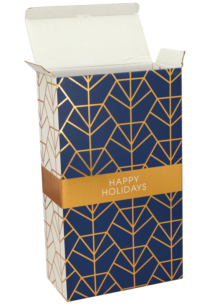 Wijndozen Happy Holidays Blauw Koper voor 2 fles 19x9.5x33cm 10stuks