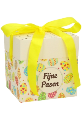 Geschenkdoos Regalo Fijne Pasen & Geel Lint 15x15x15cm 25stuks