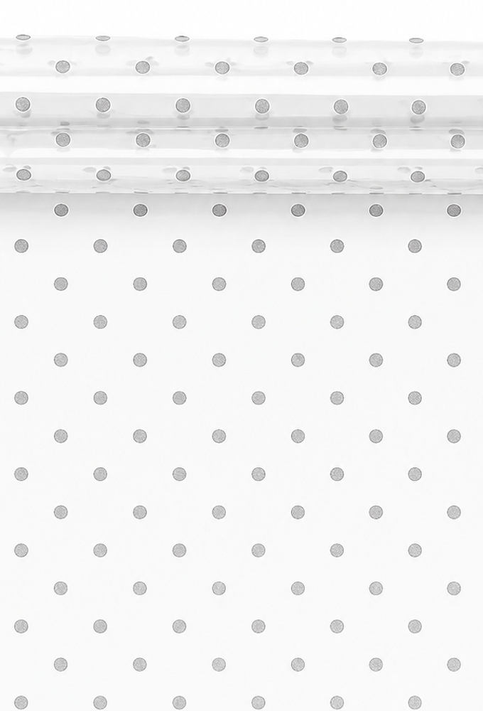 Cadeaufolie Transparant Zilveren Dots 70cm x 50meter 35my