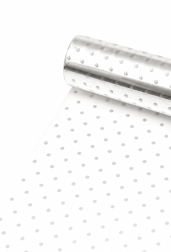 Cadeaufolie Transparant Zilveren Dots 70cm x 50meter 35my