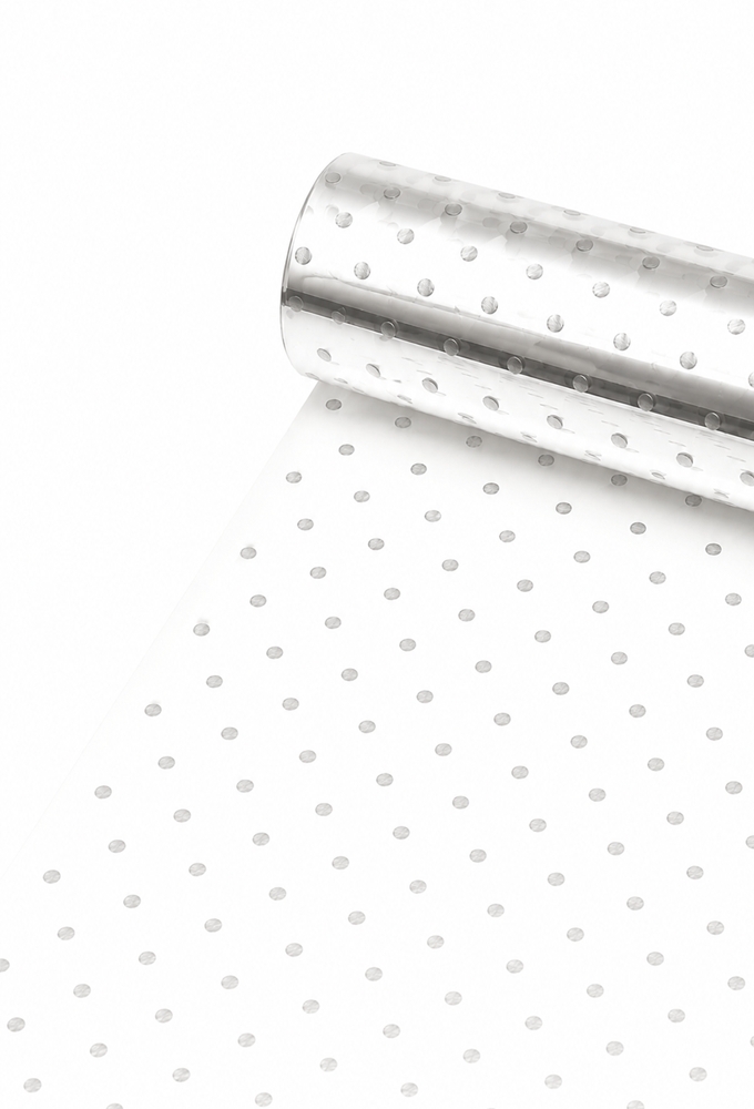 Cadeaufolie Transparant Zilveren Dots 70cm x 50meter 35my