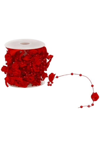 Koord Lint Balletjes & Roosjes Rood 10mm x 10 meter
