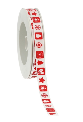Satijnlint Kerst Ster, Boom, Bal, Hulstak Wit & Rood 12mm x 25meter