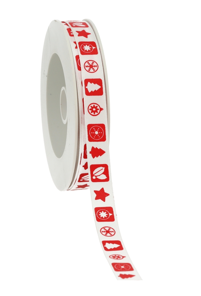 Satijnlint Kerst Ster, Boom, Bal, Hulstak Wit & Rood 12mm x 25meter