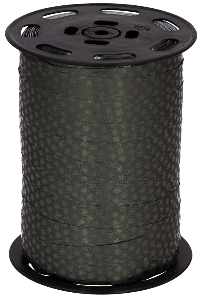 Kerst Krullint Metallic Zwart Sterren 10mm x 225meter