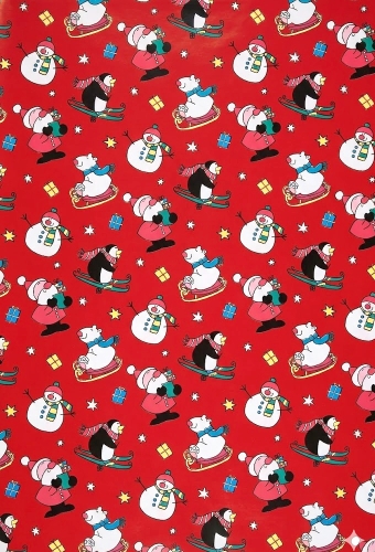 Kerstpapier Coated Papier Sneeuwman Kerstman pinguin Rood 30cm  x 200meter