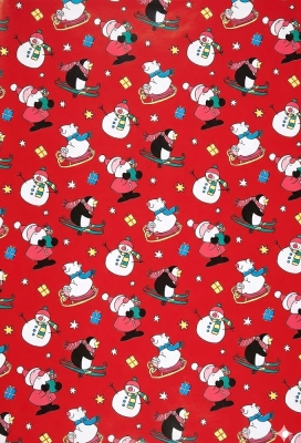 Kerstpapier Coated Papier Sneeuwman Kerstman pinguin Rood 30cm  x 200meter