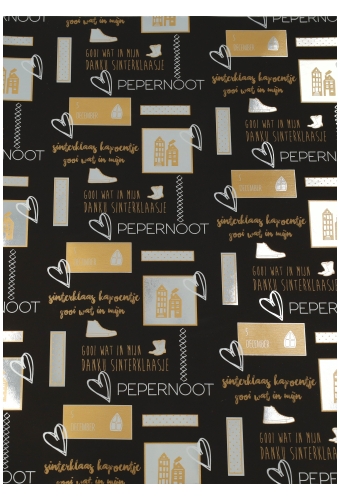 Sintpapier Metaalpapier Love Sint Zwart Goud 40cm x 125meter