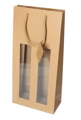 Wijnflestas Kraft 2 fles Met Venster & Koord 18x9x38cm 10stuks