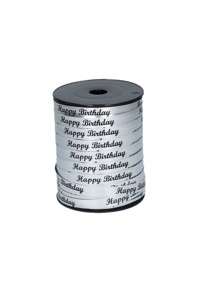 Krullint Mat Metallic Zilver Happy Birthday Zwart 10mm x 250meter