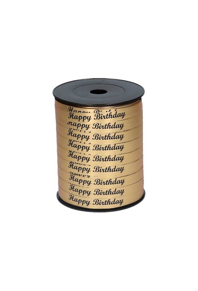 Krullint Mat Metallic Goud Happy Birthday Zwart 10mm x 250meter