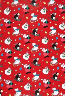 Kerstpapier Coated Papier Sneeuwman Kerstman pinguin Rood 30cm  x 200meter