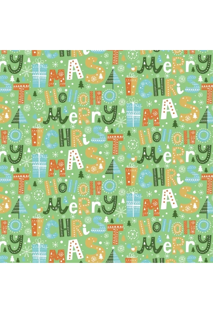 Kerstpapier Metallic Ho Ho Merry X Mas Green  70cm x 100meter