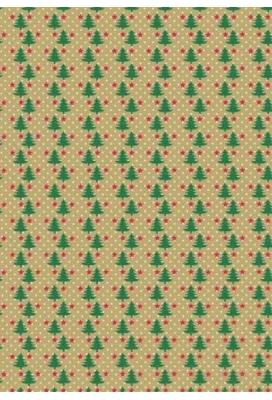 Kerstpapier Bruin Kraft Trees With Groen Rood Wit 40cm x 250meter