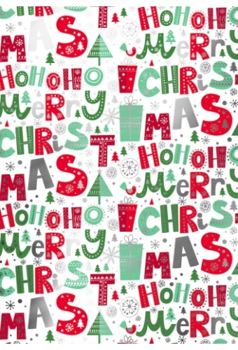 Kerstpapier Metallc iHoho Merry Xmas Rood & Wit & Groen 30 cm x 100m