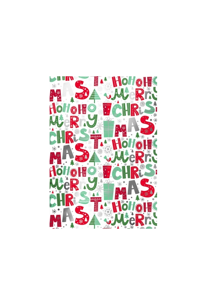 Kerstpapier Metallc iHoho Merry Xmas Rood & Wit & Groen 30 cm x 100m