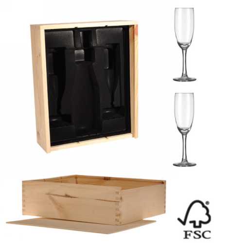 Wijnkist 1 Fles Schuifdeksel Met Inlay & 2x 17cl Champagne gl. 12stuks