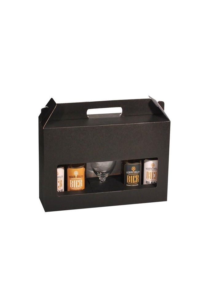 Bierverpakking Zwart voor 4 flesjes Bier en Glas 33cl FSC® 50stuks