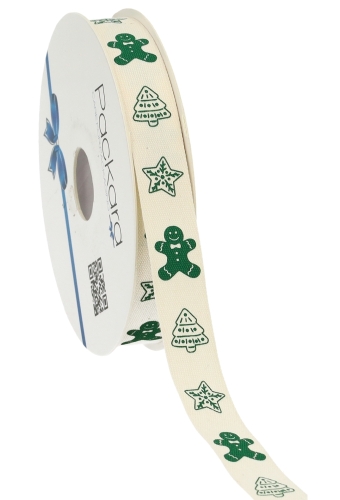 Kerstlint Katoen Merry Christmas Symbols Groen 15mm x 20meter