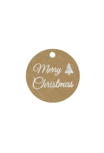 Kadokaartje Merry Christmas Kraft & Zilver 5cm Naturel Blanco 50stuks