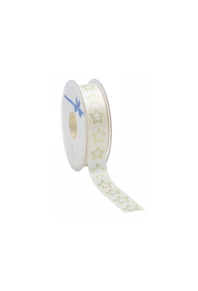 Kerstlint Satijn Lint Christmas Stars Creme & Goud 23mm x 25meter