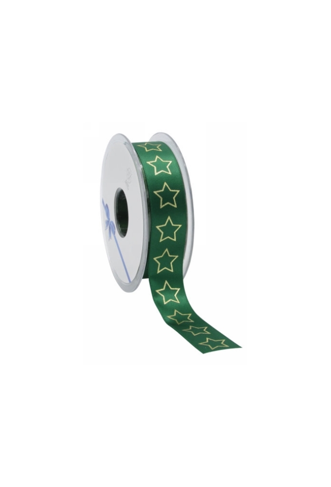 Kerstlint Satijn Lint Christmas Stars Groen & Goud 23mm x 25meter