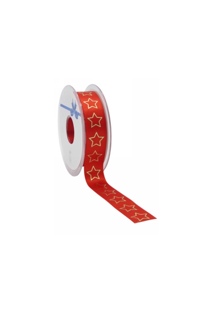 Kerstlint Satijn Lint Christmas Stars Rood & Goud 23mm x 25meter