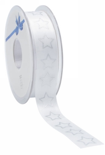 Kerstlint Satijn Lint Christmas Stars Wit & Zilver 23mm x 25meter
