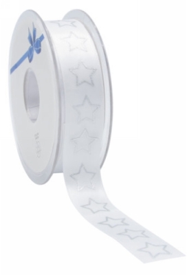 Kerstlint Satijn Lint Christmas Stars Wit & Zilver 23mm x 25meter