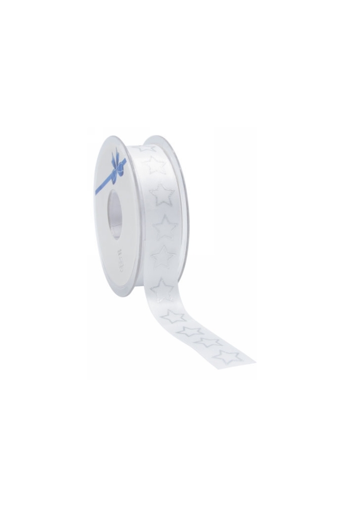 Kerstlint Satijn Lint Christmas Stars Wit & Zilver 23mm x 25meter