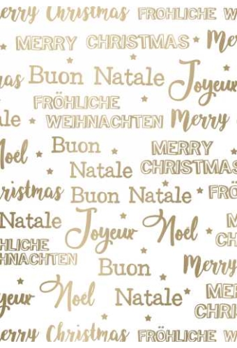 Kerstpapier Metallic wishing merry xmas wit goud 40cm x 125meter OP IS OP