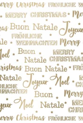 Kerstpapier Metallic wishing merry xmas wit goud 40cm x 125meter OP IS OP
