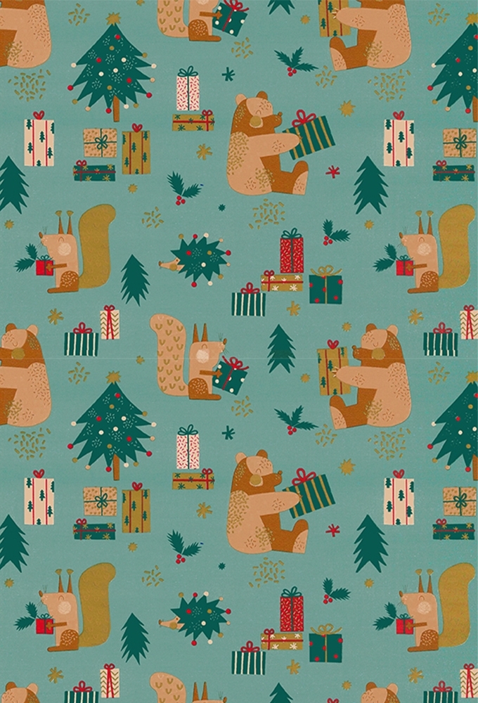 Kerstpapier Bears & Squirrel 50cm x 200meter