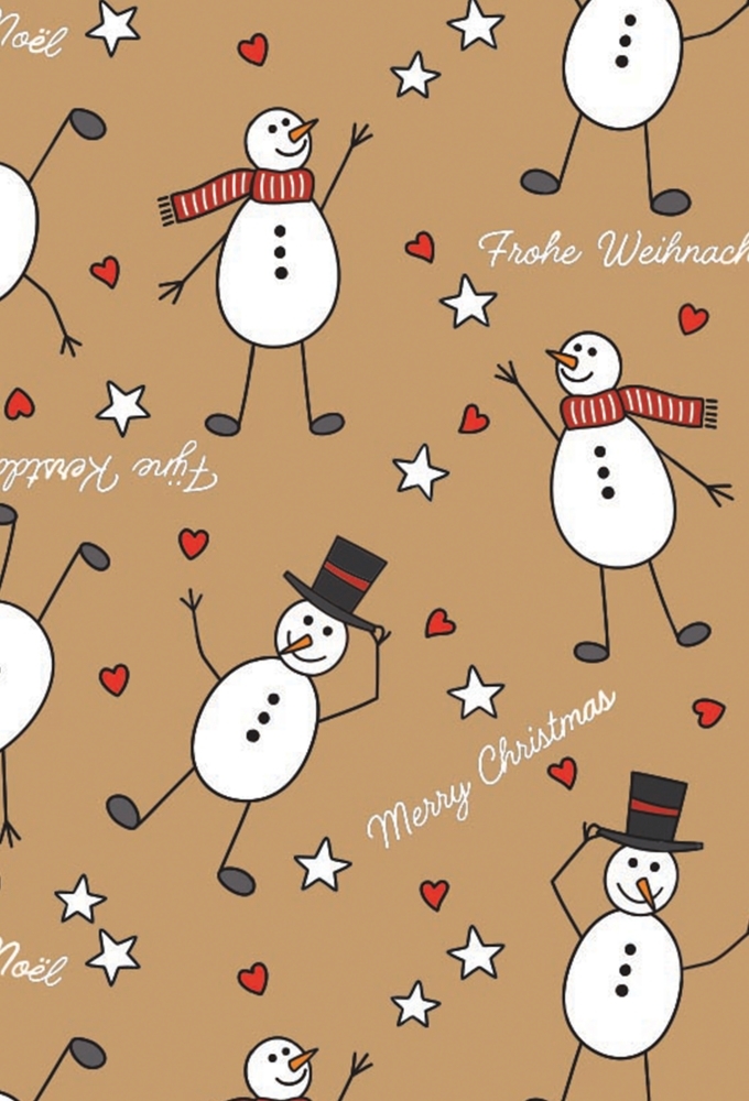 Kerstpapier Bruin Kraft Sneeuwpopjes Pret 50cm  x 200meter